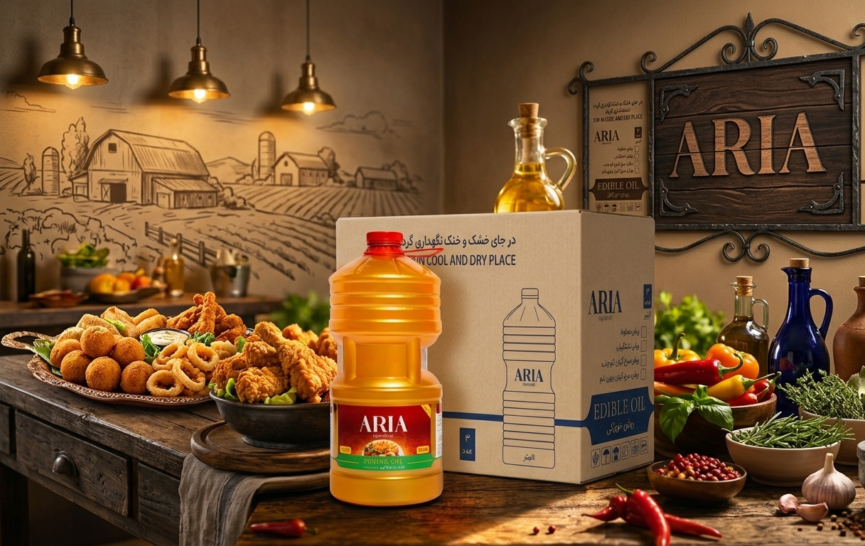 طراحی بسته‌بندی و هویت بصری روغن نباتی آریا 5 لیتر(ARIA)